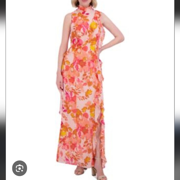 eliza j print chiffon maxi dress Eliza J Print Chiffon Halter Maxi Dress Sz 10 Orange Multi